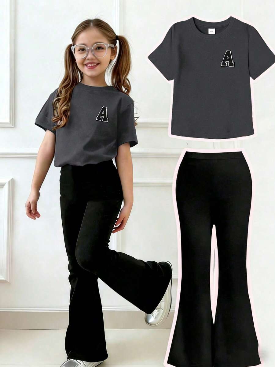2pcs Tween Girl Letter A Print Short Sleeve T-Shirt And Flare Pants Set, Soft And Machine Washable, Spring/Summer - Dark Grey - View 1