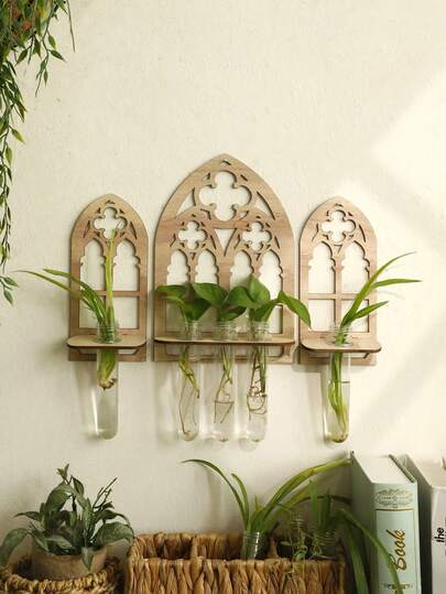 1pc Vintage Gothic Style Hollow Window Wall Hanging Hydroponic Vase - Transparent Green Test Tube Plant Container, Wall Decor And Home Accessory. Suitable For Living Room, Bedroom And Study Decoration. Perfectly Matches Bohemian, Nordic, Rustic And INS Style. An Essential Decor To Embellish Home And Bring Joy, Also A Thoughtful Gift For Friends Who Love Life.