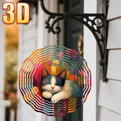 1 chiếc chuông gió ngoài trời bằng kim loại bền chắc hình "Mèo ngủ giữa hoa" 3D, có móc xoay 360°, kích thước 25.5cm/10in*25.5cm/10in, kiểu ngẫu nhiên.