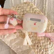 Pink Plaid Cherry Cake + Pendant Earphone Case Compatible With Apple Pro 3/Pro 2/ 4/3/2, Fashion Women Earphone Case, Minimalist Earphone Case - Off White - View 5