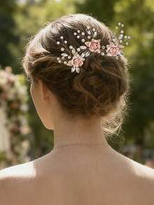1件自然灵感手工金叶仿珍珠花朵新娘发夹，适合婚礼摄影和盘发造型 - 彩色 - 查看 2