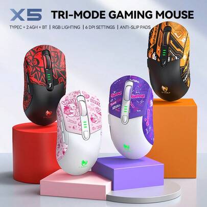 Ratón de juego X5, recargable de 3 modos, retroiluminación RGB, inalámbrico Bluetooth, agarre antideslizante, personalizable