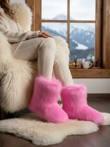 Womens Faux Fur Snow Boots Round Toe Non Slip Fuzzy Fluffy Mid Calf Warm Winter Boot For Ladies Goth Y2K Slip On Party Shoes Casual Dressy Wedding Riding Fashion Dressy Short Indoor Outdoor Boots For Women - Hồng - Xem 4