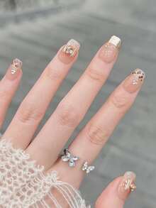 10pcs/Set Press On Manicure, Gilded Pleated Blush, Glitter, Piled Up Rhinestones, Cat's Eye, Hand Painted Leopard Print, Gilded Temperament Handcrafted Wearable Nails - Multicolor - View 2