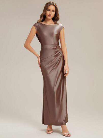 EVERPRETTY Elegant Romantic Satin Round Neck Backless Bridesmaid Dress, Brown, Fitted, Suitable For Spring/Summer Weddings, Graduation Parties, Vacations, Holidays, Birthday Parties