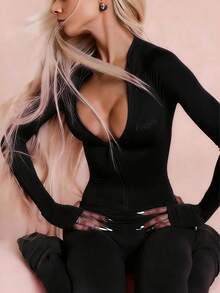 New Fashionable Personalized Street Style Commuter Tight Zip-Up Long Sleeve Jumpsuit Black Spring - Xám - Xem 9