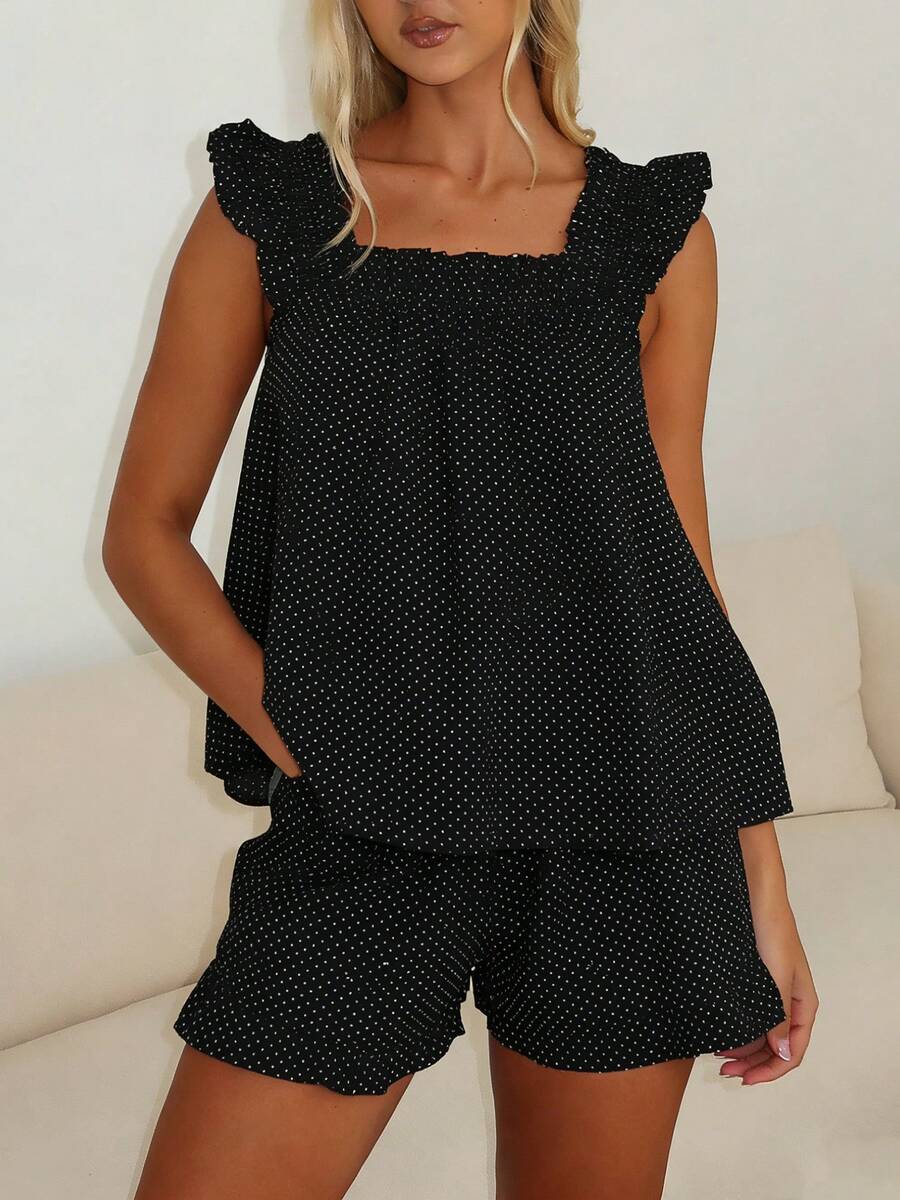 Women Summer Pajama Set Solid Flying Sleeve Tank Tops And Ruffle Shorts 2 Piece Casual Lounge Outfit