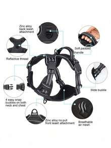 Reflective Dog Harness & Leash Set, Adjustable Padded Dog Vest, Reflective Anti-Choke Pet Chest Strap, Anti-Pulling Pet Harness With 2 Leash Clips, Suitable For Small/Medium/Large Dogs - Black - View 5