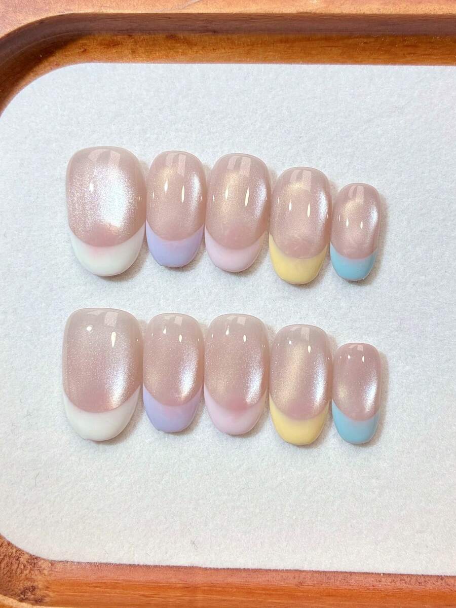 10pcs Handmade Short Oval Press-On Nails, Shiny Nude Cat Eye Base, Multi-Color Macaron French Tips, Cute Candy Color Manicure, Reusable Fake Nails, Suitable For Daily Wear, Dates And Parties, Comes With Full Set Of Manicure Tools, Ideal Gift For Girls And Women