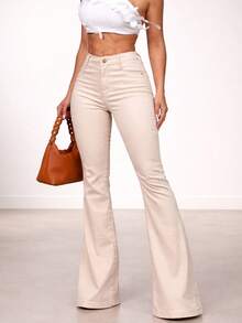 Women's High Waisted Nude Beige Flare Bell Bottom Pants With Lycra - 米色 - 查看 1