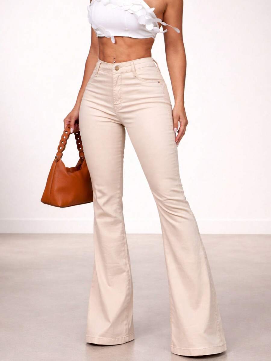 Women's High Waisted Nude Beige Flare Bell Bottom Pants With Lycra - 米色 - 查看 1