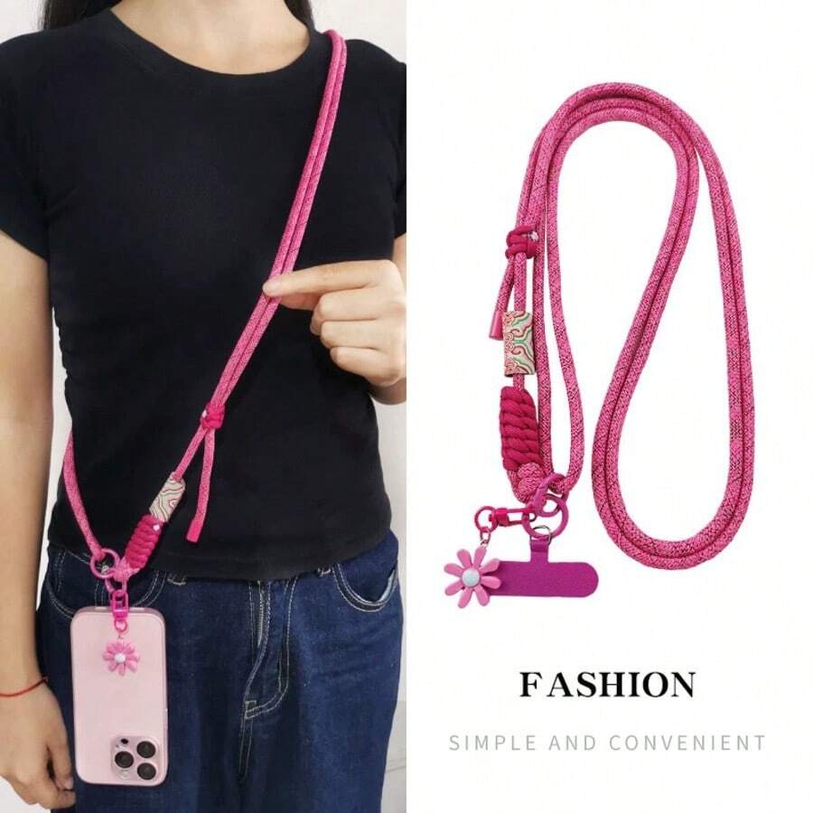 1条菊花吊坠手机挂绳长款编织斜挎带男女通用户外登山可调节多功能颈带耐用带夹子 - 彩色 - 查看 1