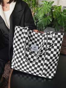 1个格子帆布手提包，大容量单肩包，带内袋，女士日常休闲格子手提包 - 黑與白 - 查看 11