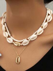 3pcs/Set Fashion Shell Beaded Woven Necklace, Suitable For Beach, Vacation, Party And Daily Wear - Beige - View 3