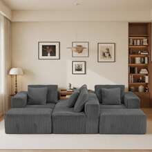 132" Cloud Couch, U Shaped Sectional Couch, Striped Corduroy Modular 6-Seater Sofa For Living Room Bedroom, Reversible Chaise, Free Configuration, No Assembly, Gray - 深灰色 - 查看 4