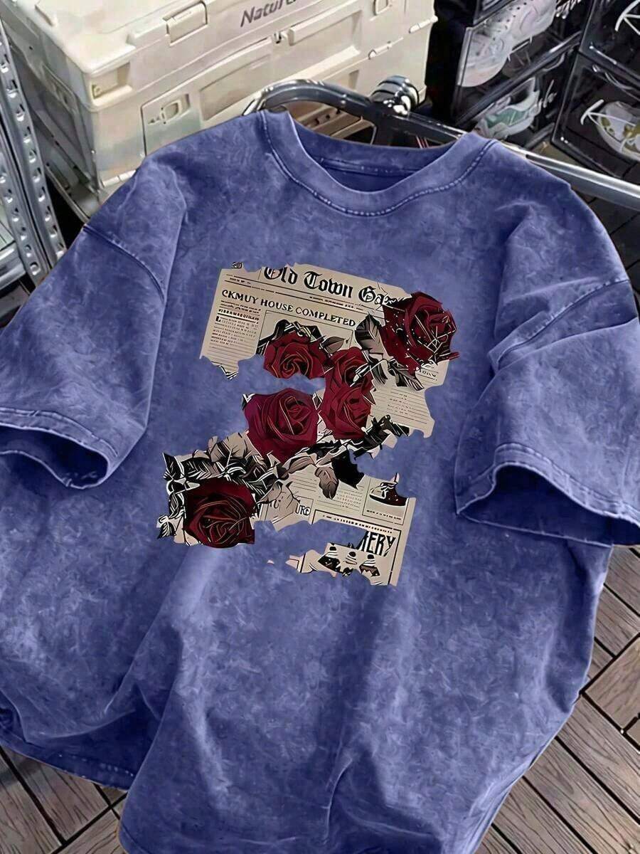 1 PcsWomen's Retro Rose And Newspaper Cartoon Letter Pattern Prints On The Street, Korean-Style Comfortable Retro Fashion Commuting Versatile Y2k Women's Clothing, Regular Niche Punk Style Black Fitted Round-Neck Short-Sleeved Washed T-Shirt, Washed Retro Series Comfortable Pure Cotton T-Shirt, Easily Create Retro Casual Wear, Suitable For Daily Commuting, Leisure Outings, Daily Outfits, Classic Retro Style Women's Clothing Anti-Wrinkle Cotton T-Shirt - 藍色 - 查看 1