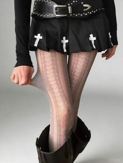 1双春夏女士渔网袜，薄款心形条纹镂空连裤袜，性感显瘦白色/灰色紧身裤，哥特朋克Y2K透明条纹过膝袜，适合派对、度假、街头服饰