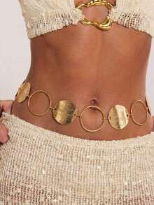 1pc Fashionable Personalized Exaggerated Metal Disc Splice Waist Chain Body Chain, Versatile Decoration For Dresses, Suitable For Street, Commute, Beach, Vacation And Multiple Occasions - Gold - View 3