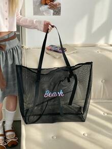 Beach Bag, New Mesh Oversized Lightweight Tote Bag For Picnic/Travel Mesh Beach Bag - Black - View 5
