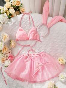 Conjunto de lencería de coneja rosa/Incluye tocado/Conjunto de 3 piezas - Rosa - Ver 1