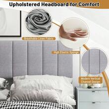 Linen Upholstered Headboard For Full & Queen Size Bed, Vertical Channel Tufted Rectangular Headboard With Solid Wood Legs & Adjustable Width, Padded Bed Backboard, Easy Assembly (Gray) - Xám - Xem 6