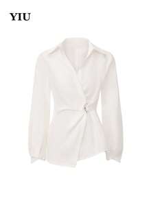 Chemise blanche à manches longues et à manches bouffantes, col chemise, design taille cintrée, ourlet asymétrique, pour un port décontracté, marque YIU - Blanc - Voir 4