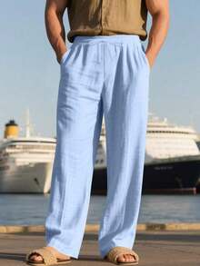 Men's Breathable Linen Loose Casual Sports Pants, Suitable Beach, Spring/Summer - 淺藍色 - 查看 4