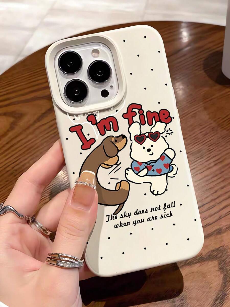 1pc Fashionable Polka Dot Dachshund & Bear Graphic Aesthetic Milky White Liquid Straight Edge Phone Case Compatible With IPhone 16/16Pro/16Plus/15/15ProMax/15Pro/11/12/13/14ProMax/11Pro/11ProMax/12Pro/12ProMax/13Pro/13ProMax/14Pro/14ProMax, Soft Shell, Elegant & Creative - Multicolor - View 1