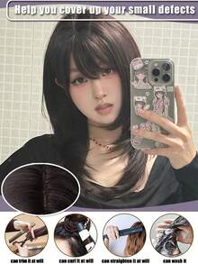 Wig Rambut Lurus Serat Sintetis Tahan Panas Berlapis Tinggi Warna Cokelat Hitam 18 Inci dengan Poni, Dapat Mengubah Bentuk Wajah dan Menambah Volume, Cocok untuk Pemakaian Sehari-hari dan Liburan Wanita - MultiWarna - View 3