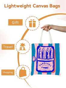 1 pièce Ensemble de sac fourre-tout, sac à main et sac de maquillage réutilisable pour femmes - Sac de courses en polyester à imprimé de boîte de sardines rayée rose et verte minimaliste, conception de sangle d'épaule fixe, convient pour la plage, le pique-nique, l'épicerie et le stockage alimentaire, sac fourre-tout pliable, multifonctionnel, polyvalent, grande capacité, léger, pratique, convient pour l'utilisation quotidienne de la famille et des amis, convient pour le trajet domicile-travail, les voyages, les vacances à la plage, le campus quotidien, cadeau de rentrée scolaire - Multicolore - Voir 7