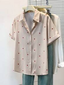 Women's Short Sleeve Striped Shirt With Heart Print Pointed Collar - Casual Elegant Office Commute Daily Wear, Spring/Summer - Brown Short-sleeved Shirt - View 3