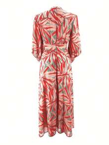 Printed Round Neck Maxi Kaftan Dress, Elegant Long Sleeve A-Line Flowing Dress, Women Vacation Spring - Color - View 3