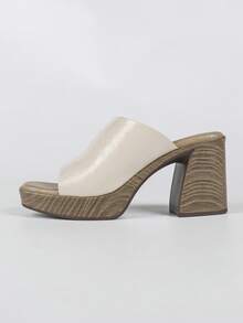 Women's Beach Holiday PU Leather Glossy High Heel Sandals, Party Beach Summer Wooden Texture Platform Sandals - Apricot - View 6