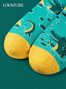 1 双男女通用中筒袜 - 孔雀绿卡通鳄鱼青蛙印花，撞色黄色袜口和绿色袜跟/袜尖，活泼的丛林动物图案设计，适合日常穿着，为您的造型增添休闲活泼的气息。 - 彩色 - 查看 8