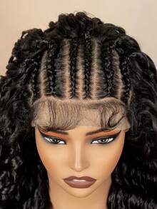 24英寸波浪卷蕾丝前假发，女士款 - 自然卷曲合成发际线，预先拔毛的13x6蕾丝，耐热纤维，适合日常佩戴 | 波浪卷 | 蕾丝前假发，合成蕾丝前假发 - 黑色 - 查看 6