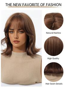 14 Inch Chestnut Brown Short Layered Wavy Bob Wigs For Women With Neat Air Bangs Upturned Ends Heat Resistant Synthetic Fiber Soft Natural Glueless Hair Replacement Wig For Daily Use Party Cosplay Halloween Photo Shoot - Rust Brown - View 9