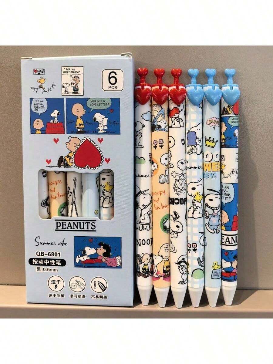 SNOOPY Bộ 6 bút bi hình trái tim Kawaii - Phiên bản giới hạn Ins cao cấp, bút bi gel đen 0.5mm, bút viết bài thi dễ thương dành cho nữ sinh, mực trơn tru, dụng cụ học tập. - Nhiều màu - Xem 1
