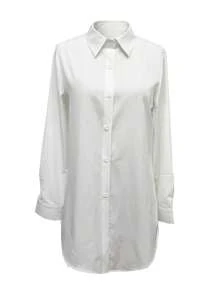 优雅时尚的纯色中长款翻领长袖女式衬衫，四季皆宜，可机洗，前短后长设计，适合日常办公穿着，白色，春季款 - 白色 - 查看 3