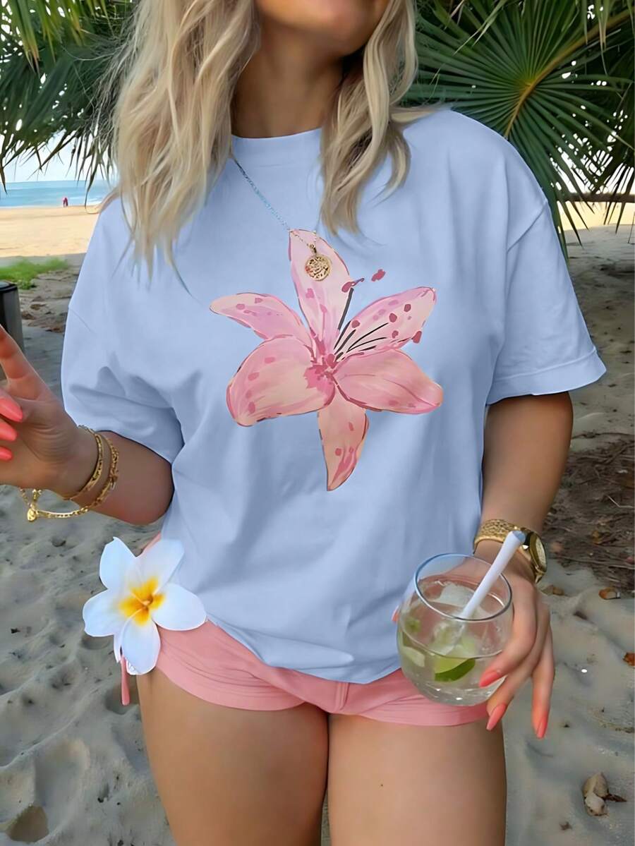 1pcs Plus Size Women's Loose, Drop-Shoulder Fit 100% Cotton T-Shirt, Printed With Watercolor Pink Lily Designs, Perfect For Summer Beach, Tropical Vacation, And Music Festival Outfits, Creating A Fresh Bohemian Style - 淺藍色 - 查看 1