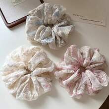 1pc Sweet & Elegant Tie-Dye Floral Embroidered Large Scrunchie, Available In Pink, Blue, Green, Suitable For Ponytail, Bun Hairstyles, Vacation & Daily Wear, Bohemian Chic Accessory Hair Elastics Hair Rubber Bands Hair Rope - Multicolor - View 8