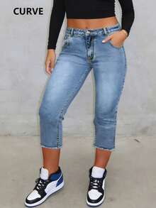 Plus Size Women's New Elastic Waist Simple 3/4 Length Jeans, Versatile Casual Summer - Light Wash - View 6