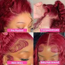 Perruques Lace Front Wigs Deep Wave 99J Bordeaux 13x6, cheveux humains, HD 13x6, densité 200 %, cheveux brésiliens vierges, pré-épilés avec cheveux de bébé. - 99j - Voir 7