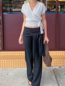 HoloChill Women's V-Neck Wrap Knit Top, Short Sleeve, Asymmetric Ribbed Hem, Side Tie Design, Stretchy, Summer Blouse, Women's Spring Clothing, Women's Holiday Party Top, Women's Beach Outfit, Women's Casual Outerwear, Women's Elegant Summer Vacation Wear - Grey - View 5