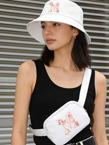 Women's Fashionable Outdoor Waist Pack, White Sun Hat Features A Unique Pink Rose Design And Lettering. Running Waist Bag, Women's Crossbody Chest Bag With Adjustable Shoulder Strap, Suitable For Daily Use, Outdoors,Travel Essential - Multicolor - View 4