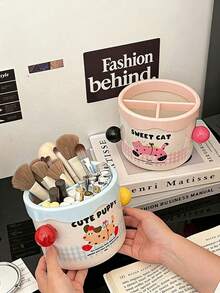 1pc Cute Makeup Brush Holder, Large Capacity Compartment Organizer Box, Multi-Functional Desktop Cartoon Makeup Cosmetic Lipstick Pencil Storage Case - Multicolor - View 3