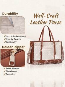 手提包，可拆卸肩带，15.6英寸笔记本电脑包，纯色皮革工作手提包，绗缝男女通用公文包，设计师笔记本电脑包，办公室教师大学简约笔记本电脑包带钱包，专业米色和棕色 - 彩色 - 查看 4