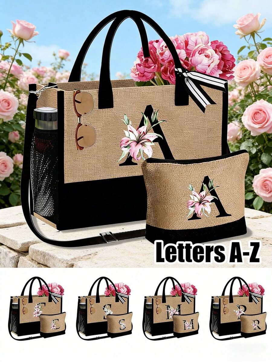 1 Conjunto Bolsa de Praia Feminina, Bolsa de Lona e Chapéu Acessórios de Praia, Letra A-Z, Adequado para Casamento, Aniversário, Férias, Ótimo Presente para Senhoras, Mães, Professoras, Amigas, Madrinhas, Estudantes, Bolsa Grande para Viagem, Fim de Semana, Presente de Aniversário Personalizado para Ela, Acompanha Lenço