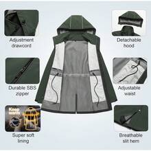 Women's Waterproof Long Trench Coat Fleece Lined Softshell Jacket Lightweight Hooded Raincoat Warm Windbreaker For Outdoor Running Hiking - 綠色 - 查看 5