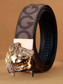 男士棘轮皮带，配金色美杜莎扣环 - 闪亮水晶字母印花腰带，可调节滑扣皮带 - 彩色 - 查看 7