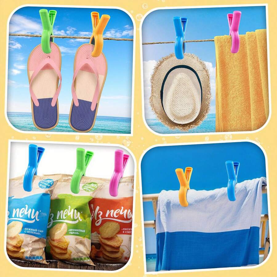 Plastic Clothespin, Beach Towel Clips, Windproof Beach Towel Clips, Clothes Hangers, Clips, Strong Spring Clips, Beach Chair Towel Clips, Sock Clips, Large Plastic Clothespins, Plastic Clips For Securing Towels, Blankets, Clothes On Clotheslines, Sunbeds/Loungers, Pool Chairs, Cruise , Available In Multiple Colors, Color Randomly Sent, Suitable For Home And Travel Use - Multicolor - View 1